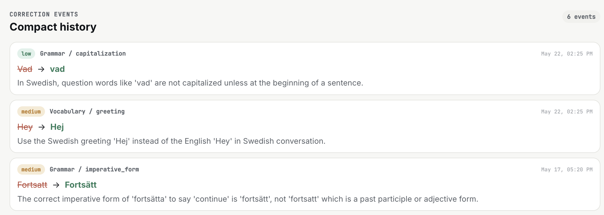 Corrections history view.
